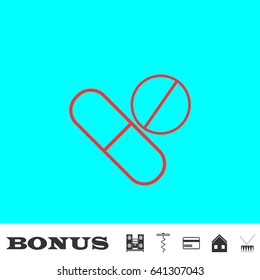 Pills icon flat. Red pictogram on blue background. Vector illustration symbol and bonus buttons Music center, corkscrew, credit card, house, drum