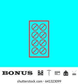 Pills icon flat. Red pictogram on blue background. Vector illustration symbol and bonus buttons Music center, corkscrew, credit card, house, drum