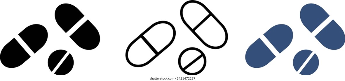 Pills icon flat set. isolated vector sign symbol, capsule icon simple design, Drug sign and symbol, Medical drugs. isolated on transparent background, antibiotic pill, a sign of Pharmacy Icons.