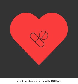 Pills icon flat. Simple pictogram on heart background. Vector illustration symbol