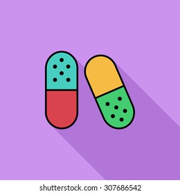 Pills icon. Flat vector related icon with long shadow for web and mobile applications. It can be used as - logo, pictogram, icon, infographic element. Vector Illustration.