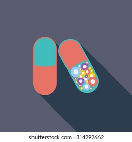 Pills icon. Flat vector related icon with long shadow for web and mobile applications. It can be used as - logo, pictogram, icon, infographic element. Vector Illustration.