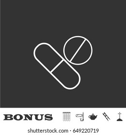 Pills icon flat. White pictogram on black background. Vector illustration symbol and bonus icons