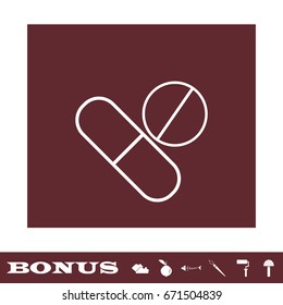 Pills icon flat. White pictogram on brown background. Vector illustration symbol and bonus icons