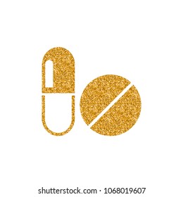 Pills icon in gold glitter texture. Sparkle luxury style vector illustration.