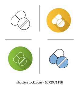 Pills icon. Medications. Flat design, linear and color styles. Isolated vector illustrations