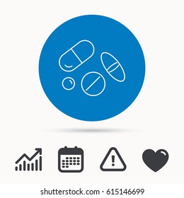 Pills icon. Medicine tablets or drugs sign. Vitamins symbol. Calendar, attention sign and growth chart. Button with web icon. Vector