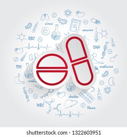 Pills icon on handdrawn healthcare doodles background. Vector illustration
