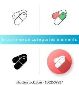 Pills icon. Pharmaceutical product. Vitamin for personal health care. Capsules with aspirin. Medication to cure illness. Linear black and RGB color styles. Isolated vector illustrations