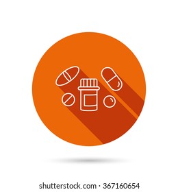 Pills icon. Pharmacy bottle sign. Medical drugs symbol. Round orange web button with shadow.