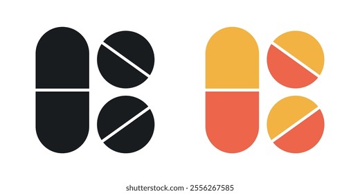 Pills icon set in black and colored versions.