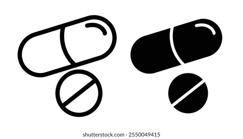 Pills Icon set in black filled and line.