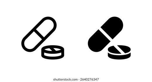 Pills Icon Set. A black glyph and outline icon of pills, representing medication.