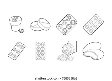Pills icon set. Outline set of pills vector icons for web design isolated on white background