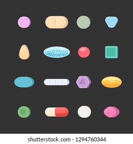 Pills icon set. Tablets and capsules of different shapes and colors. Pharmacy preparations. Vector illustration isolated on dark background