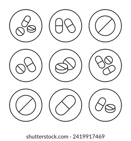 Pills icon set vector. capsule icon. Drug sign and symbol