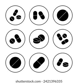 Pillen Symbol-Set Vektor. Kapselsymbol. Arzneimittelzeichen und -zeichen