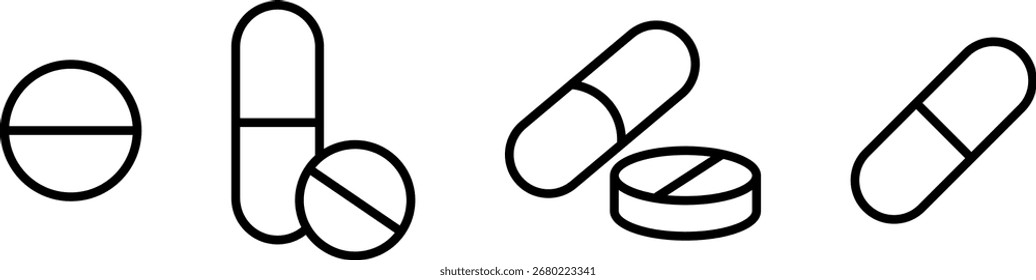 Conjunto de iconos y tabletas de píldoras. Símbolo de la píldora de farmacia. Conjunto de icono de la tableta en estilo lineal, píldora cápsula en línea icono, signo de vitamina