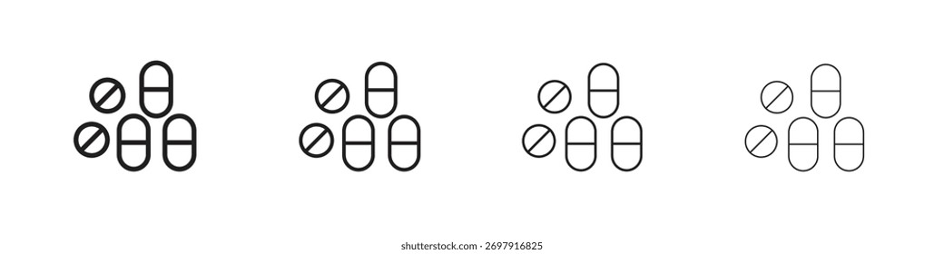 Ícone Pills. Design fino, leve, regular e negrito, isolado no fundo branco