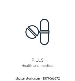 Pills icon. Thin linear pills outline icon isolated on white background from health collection. Line vector sign, symbol for web and mobile