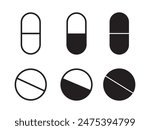 Pills icon vector set. Simple pills icons Medicament and pharmaceutical symbol. Black Filled and Outlined Style. Medical health care tablet Sign.