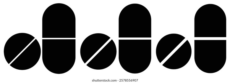 
Pills icon vector for web and mobile app. Drug sign. Tablet capsule icon. Antibiotic, Painkiller, Vitamin, Pharmaceutical Medicament. Vector illustrator.