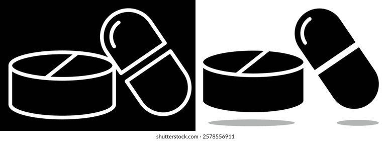 
Pills icon vector for web and mobile app. Drug sign. Tablet capsule icon. Antibiotic, Painkiller, Vitamin, Pharmaceutical Medicament. Vector illustrator.