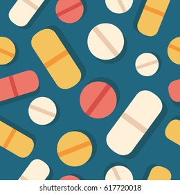 Pills icons, hand drawn background. Colorful seamless pattern vector. Decorative wallpaper, good for printing. Design backdrop with tablet, pharmaceuticals