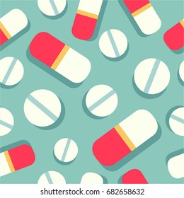 Pills icons, hand drawn overlapping background. Colorful seamless pattern vector. Decorative wallpaper, good for printing. Design backdrop with tablet, pharmaceuticals