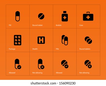 Pills icons on orange background. Vector illustration.