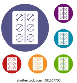 Pills icons set in flat circle red, blue and green color for web