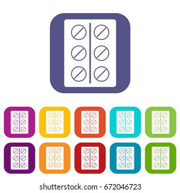 Pills icons set vector illustration in flat style In colors red, blue, green and other