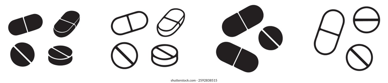 Pills icons vector for web and mobile app. Capsule icon. Drug sign and symbol in line and solid style