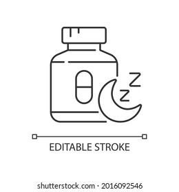 Pills for insomnia linear icon. Sleeping medication. Improving sleep-wake cycle. Thin line customizable illustration. Contour symbol. Vector isolated outline drawing. Editable stroke