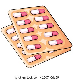 Pills isolated flat vector illustration.  Pill in Blister Pack. Drugs, medical pills on white background.  Pharmaceutical symbols isolated