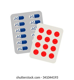 Pills isolated icon on white background. Pills pack. Capsule pack. Flat style vector illustration.