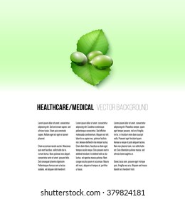 Pills isolated on green background, vector background for brochure, flyer or banner.