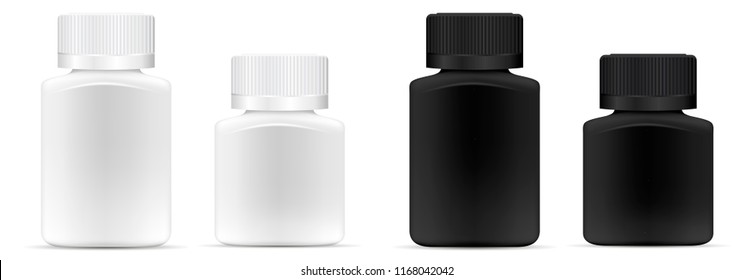 Pills jar. Different width White and black medical container for drugs, diet, nutritional supplements. Vector illustration of square bottle isolated on white background.