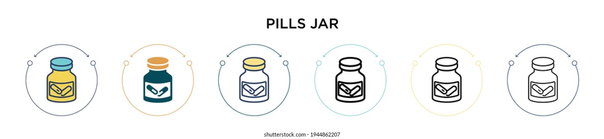 Pills jar icon in filled, thin line, outline and stroke style. Vector illustration of two colored and black pills jar vector icons designs can be used for mobile, ui, web