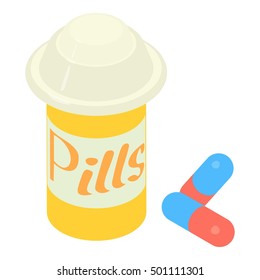 Pills in jar icon. Isometric 3d illustration of pills in jar vector icon for web