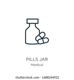 Pills jar icon. Thin linear pills jar outline icon isolated on white background from medical collection. Line vector sign, symbol for web and mobile