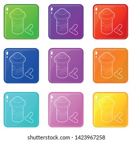 Pills in jar icons set 9 color collection isolated on white for any design