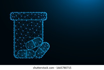 Pills in a jar made from points and lines on dark blue background, medical supplies wireframe mesh polygonal vector illustration