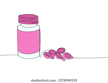 Pills in a jar, tablet, drug, pharmacy, capsule, antibiotic, aspirin, herbal, medicine one line color art. Continuous line drawing of treatment, medication, medical, pharmacy, therapy, allergy