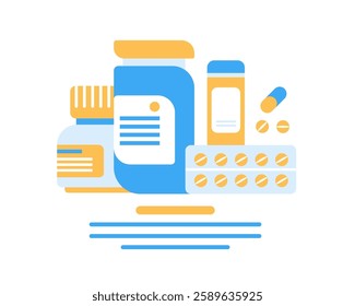 Pills in jars, medical drugs, medicines. Vitamin tablets, capsules in blister. Vector flat banner and poster. Packages and box with supplements