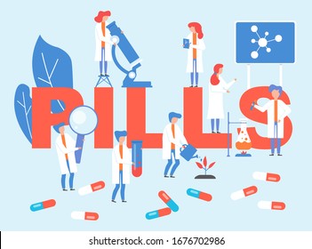 Pills laboratory with doctors group vector illustration. Doctors research on pharmacological drugs medications. Microscope, chemical test tubes and burner, magnifier, plant. Pills text lettering.