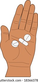 Pillen liegen auf offener männlicher Handfläche auf weißem Hintergrund, einzelne Vektorgrafik