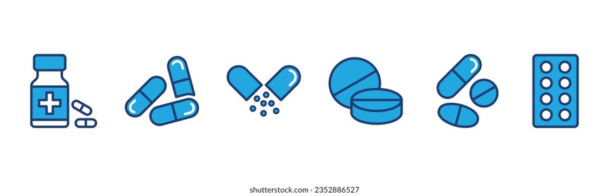 Fijación de la línea de almohadillas e iconos planos. Medicina, fármaco, farmacia, farmacia, farmacia, símbolo de íconos farmacéuticos. Ilustración del vector de atención médica