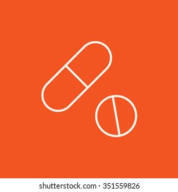 Pills line icon for web, mobile and infographics. Vector white icon isolated on red background.