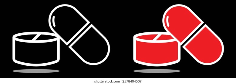 Pills Line and Silhouette Icon Set. Person with Drug Medication Symbol. Medicine Treatment Pictogram. Patient Antibiotic Prescription. Editable Stroke. ablet icon, soluble pill, isometric. EPS 10